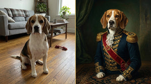 Before and after: a beagle photo turned into a royal oil portrait