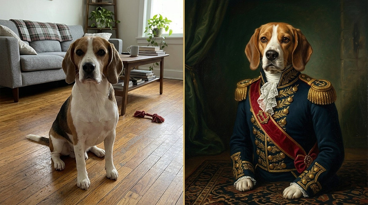 Before and after: a beagle photo turned into a royal oil portrait