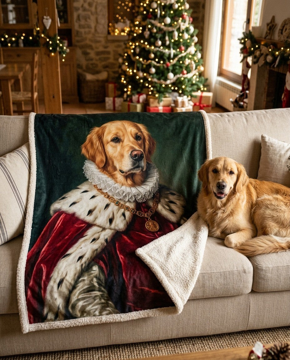Pawstocrat portrait sherpa blanket on a sofa