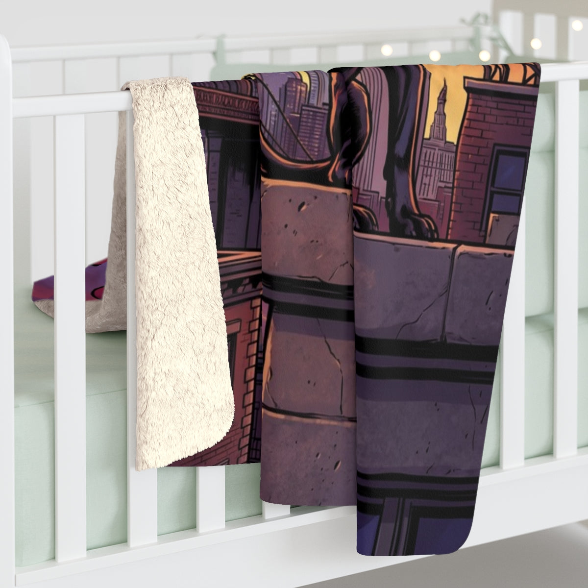 Sherpa blanket hanging, printed front and plush sherpa back